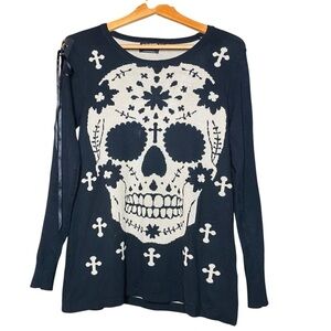Banned Apparel Mexican Sugar Skull/Cross Knit Sweater,Lace-up Corset Sleeve-SZ-S